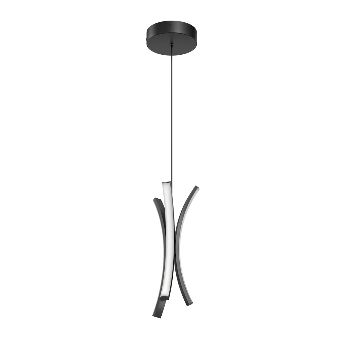A modern black pendant light fixture with three curved, intersecting arms suspended from a round ceiling mount by a single cord, featuring integrated LED lighting along the inner edges of the arms.