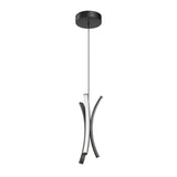 A modern black pendant light fixture with three curved, intersecting arms suspended from a round ceiling mount by a single cord, featuring integrated LED lighting along the inner edges of the arms.