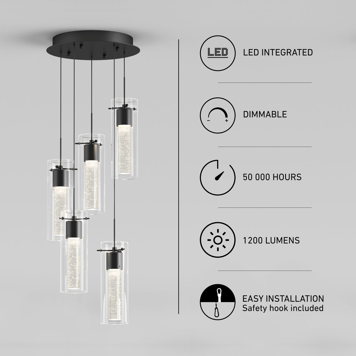 Modern pendant light fixture with five cylindrical LED lights hanging at different heights, alongside icons and text highlighting features: LED integrated, dimmable, 50,000 hours, 1200 lumens, and easy installation.