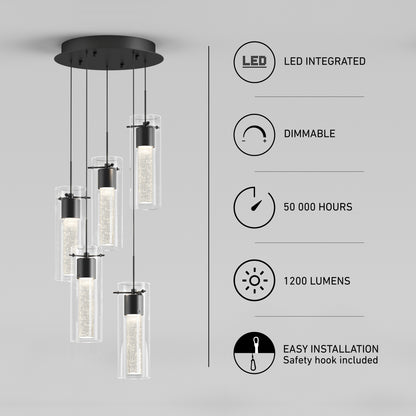 The Artika Essence 5-light LED pendant features five cylindrical glass lights, producing 1200 lumens. Shown on a gray background, icons highlight features: LED integrated, dimmable, 50,000-hour lifespan, and easy installation.