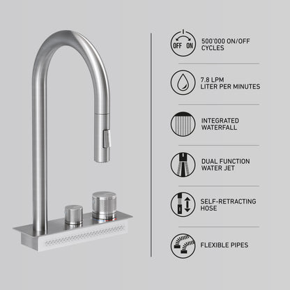 The Artika Neoflow single bowl stainless steel sink is shown with icons and text highlighting its features: 500,000 on/off cycles, 7.8 LPM flow, integrated waterfall, dual-function jet, self-retracting hose, and flexible pipes.