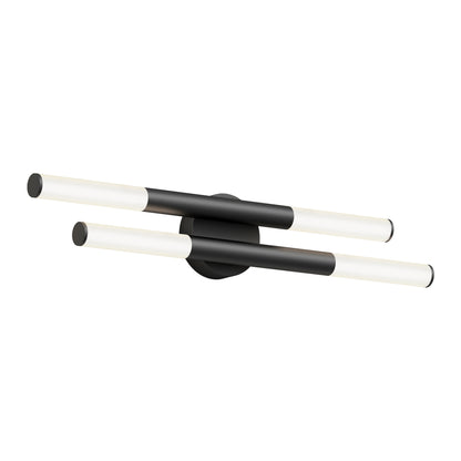 The Artika Boro LED modern bathroom vanity light 5 CCT features two parallel cylindrical bars, black in the center and white at the ends, mounted on a round black base for a sleek look.