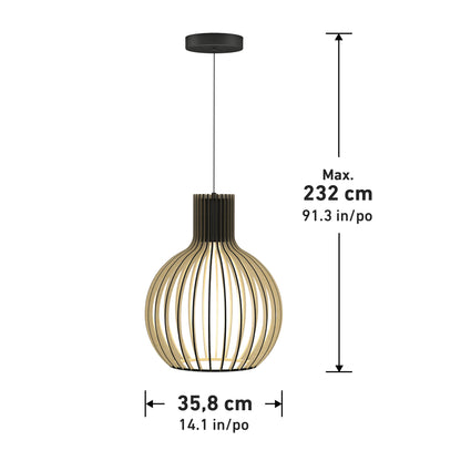 The Artika Tomi LED Pendant Light 3 CCT features a round, open metal cage design and hangs from a ceiling mount; it measures 35.8 cm (14.1 in) wide with an adjustable height up to 232 cm (91.3 in).