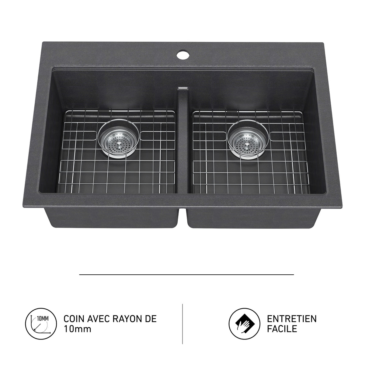 Artika Baycrest 33″ double bowl sink in black; includes two wire racks, drain holes, and features a 10mm radius for easy maintenance.