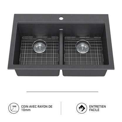 Artika Baycrest 33″ double bowl sink in black; includes two wire racks, drain holes, and features a 10mm radius for easy maintenance.