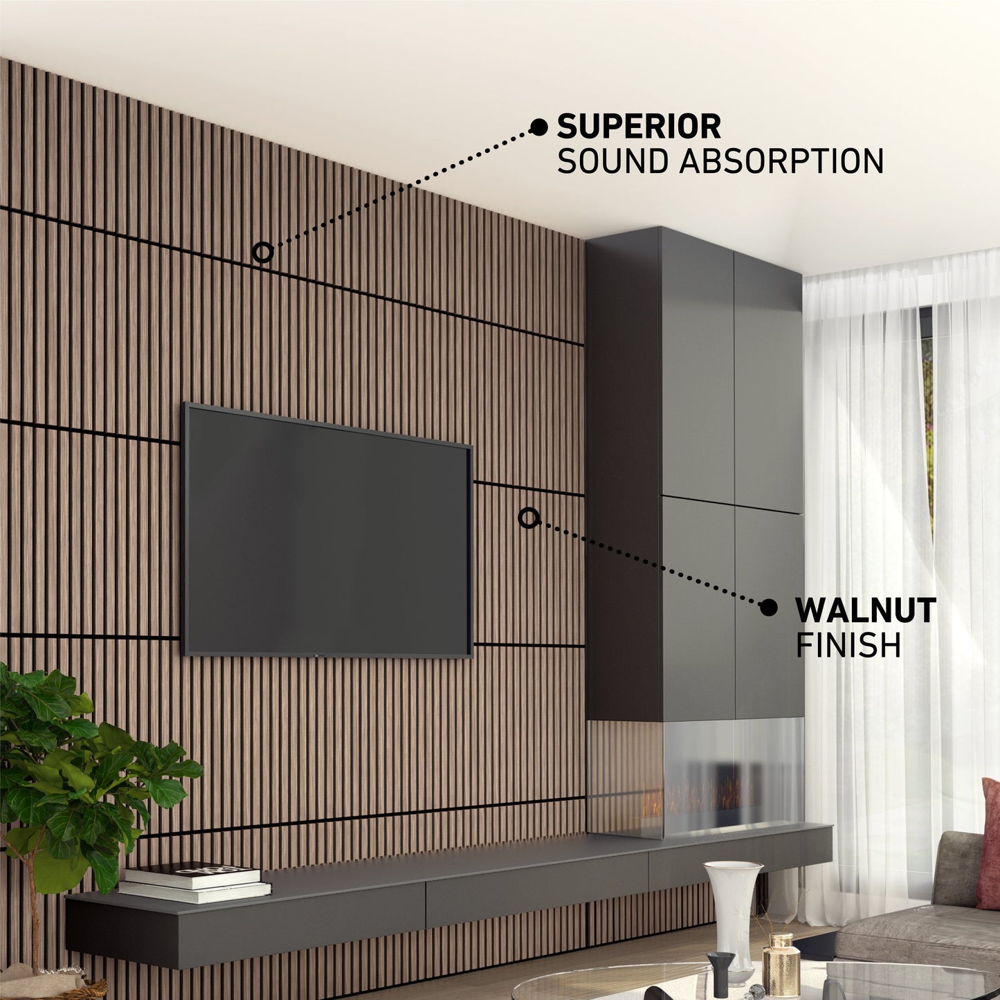 A modern living room features the Artika-CAN-dev Sonolok 15.5 ft sound-absorbing wall panel kit with a walnut finish, a mounted TV, black floating cabinet, large window with sheer curtains, and highlighted “Superior Sound Absorption.”.