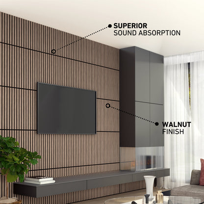 A modern living room features the Artika-CAN-dev Sonolok 15.5 ft sound-absorbing wall panel kit with a walnut finish, a mounted TV, black floating cabinet, large window with sheer curtains, and highlighted “Superior Sound Absorption.”.