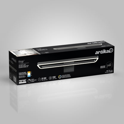 A rectangular black box for the Artika Hinge LED modern bathroom vanity light 3 CCT features product images and specifications in white text on a gray background, displaying the illuminated fixture and its key features.