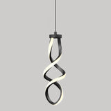 A modern, spiral-shaped pendant light with black and white elements is suspended from the ceiling against a plain gray background. The light emits a soft glow from the inner white strip.
