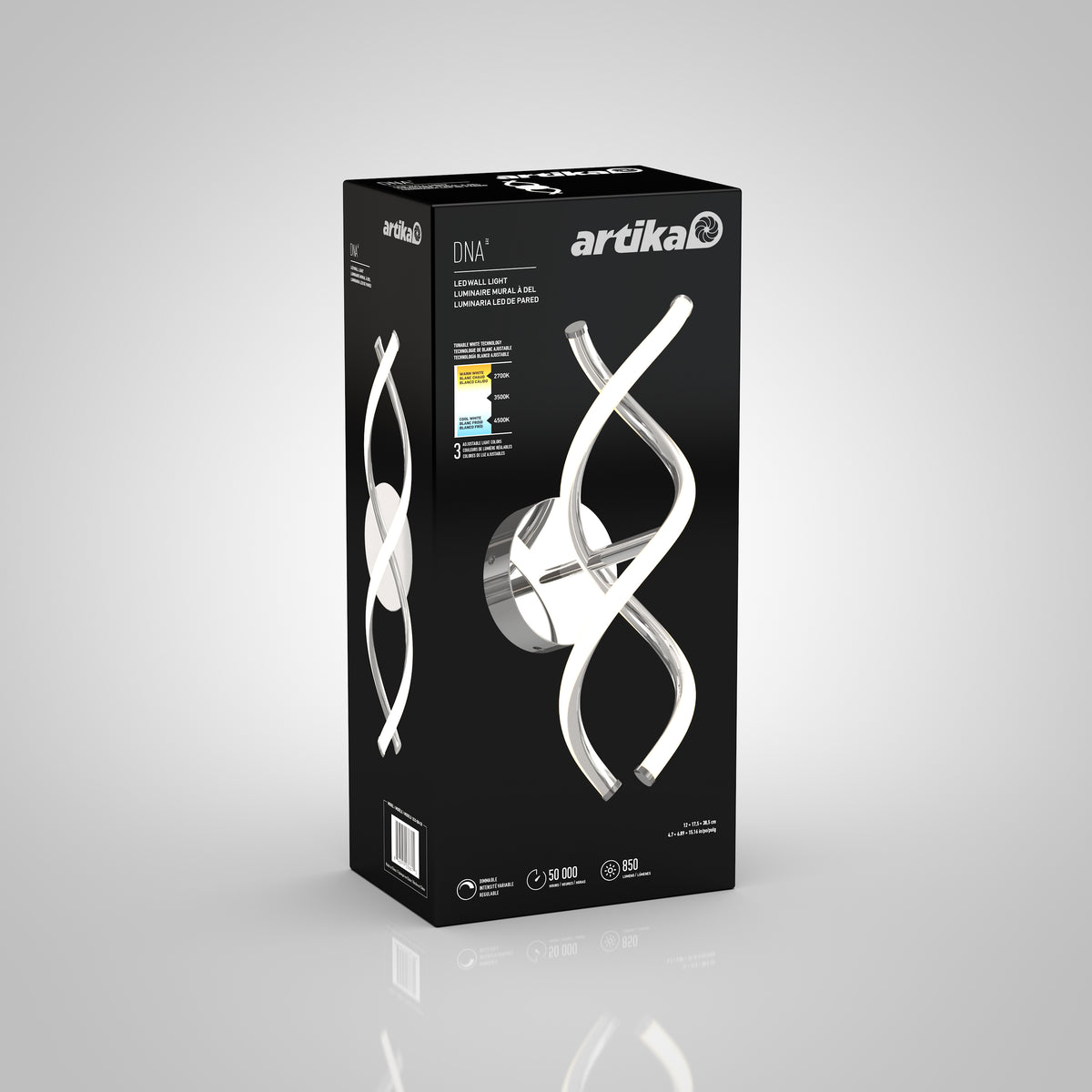 A black product box featuring the Artika DNA LED wall light, showing a silver and white double-helix-shaped fixture on the front, with product details and energy rating visible.
