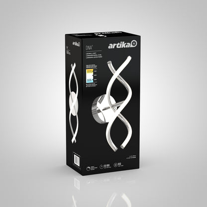 A black product box featuring the Artika DNA LED wall light, showing a silver and white double-helix-shaped fixture on the front, with product details and energy rating visible.