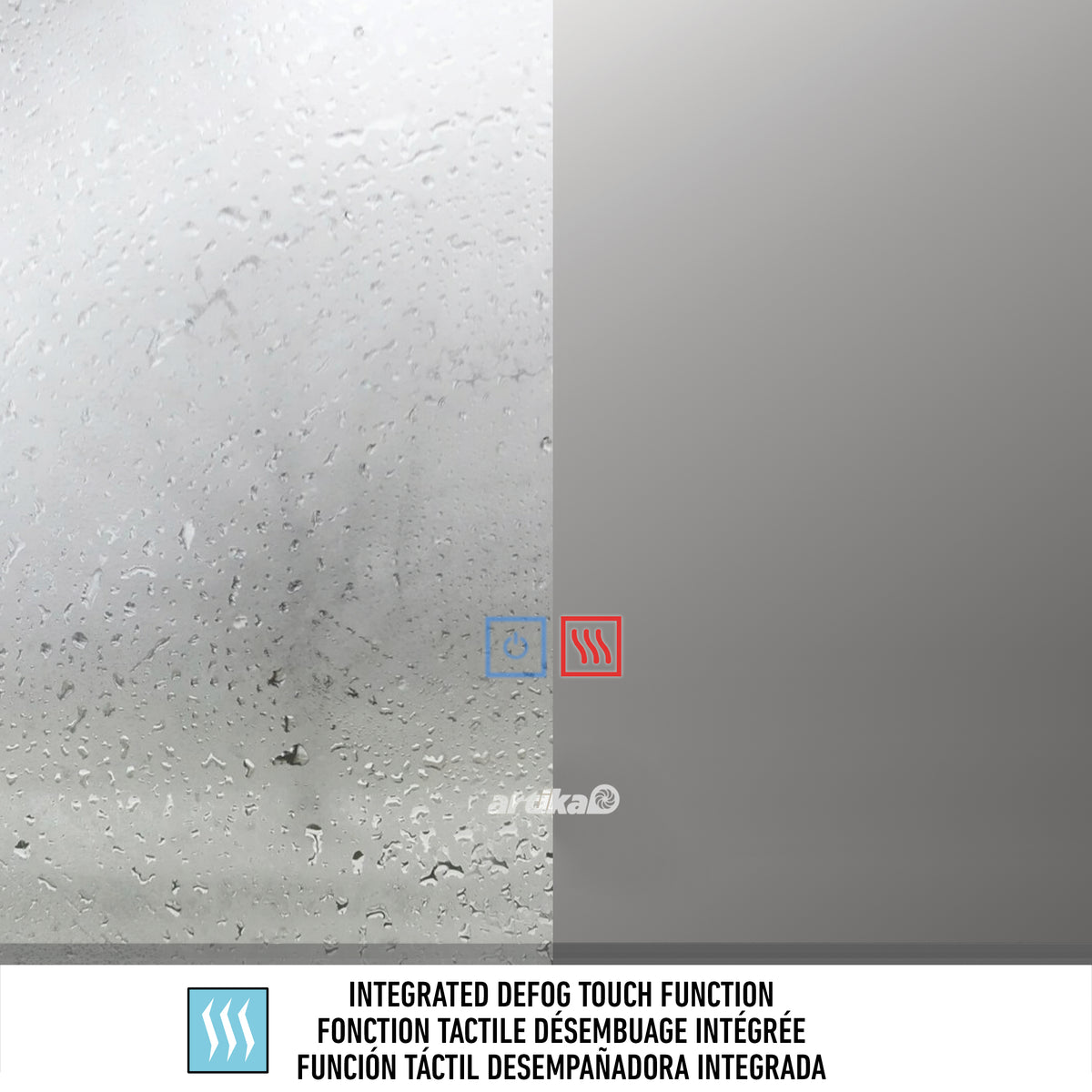 A foggy left side shifts to Onyx’s clear, anti-fog LED mirror on the right, showing Artika’s touch-activated defog function.