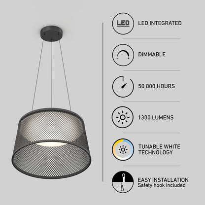 The Adrian LED pendant light 3 CCT by Artika hangs from the ceiling, featuring an integrated LED, dimmable function, up to 50,000 hours lifetime, 1300 lumens output, tunable white technology, and easy installation with a safety hook.