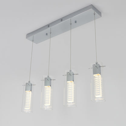 The Artika Hologram 4-light LED pendant features four cylindrical glass lights hanging from a rectangular metallic base, each with an LED bulb, and is shown mounted on a white ceiling.