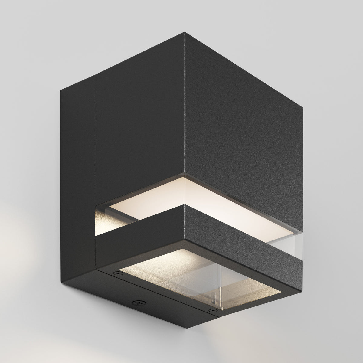 Artika Valor Square LED wall light: modern black, frosted glass panels, shines top and bottom, indoor-outdoor use.