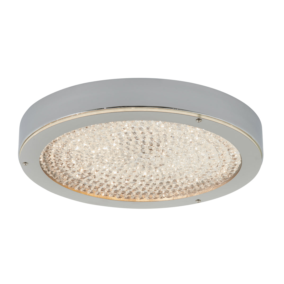 A round, flush mount ceiling light with a shiny chrome frame and a crystal-encrusted surface, emitting a bright, sparkling glow.