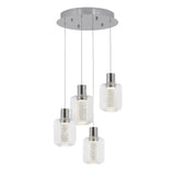 A modern ceiling light fixture with four cylindrical glass pendant lights, each suspended at different heights from a round metallic base, featuring inner textured diffusers.
