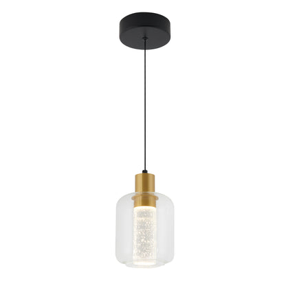 The Artika Champagne Globe modern LED pendant light features a black ceiling mount, black cord, gold accent, and clear glass shade with a cylindrical textured diffuser. It hangs vertically and adds elegant style to any space.