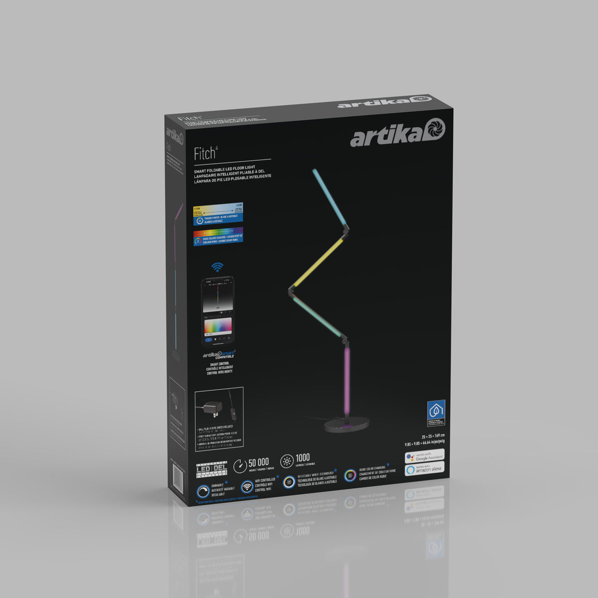 Box of an Artika “Fitch” smart LED desk lamp, featuring an image of the adjustable lamp with colored lights, app control, and compatibility icons, set against a black background.