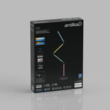Box of an Artika “Fitch” smart LED desk lamp, featuring an image of the adjustable lamp with colored lights, app control, and compatibility icons, set against a black background.