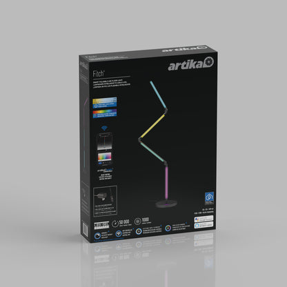 Box of an Artika Fitch smart foldable RGB LED gaming floor lamp featuring a modern, angular design. The gray packaging highlights app control, adjustable arms, color-changing lights, and energy efficiency features.