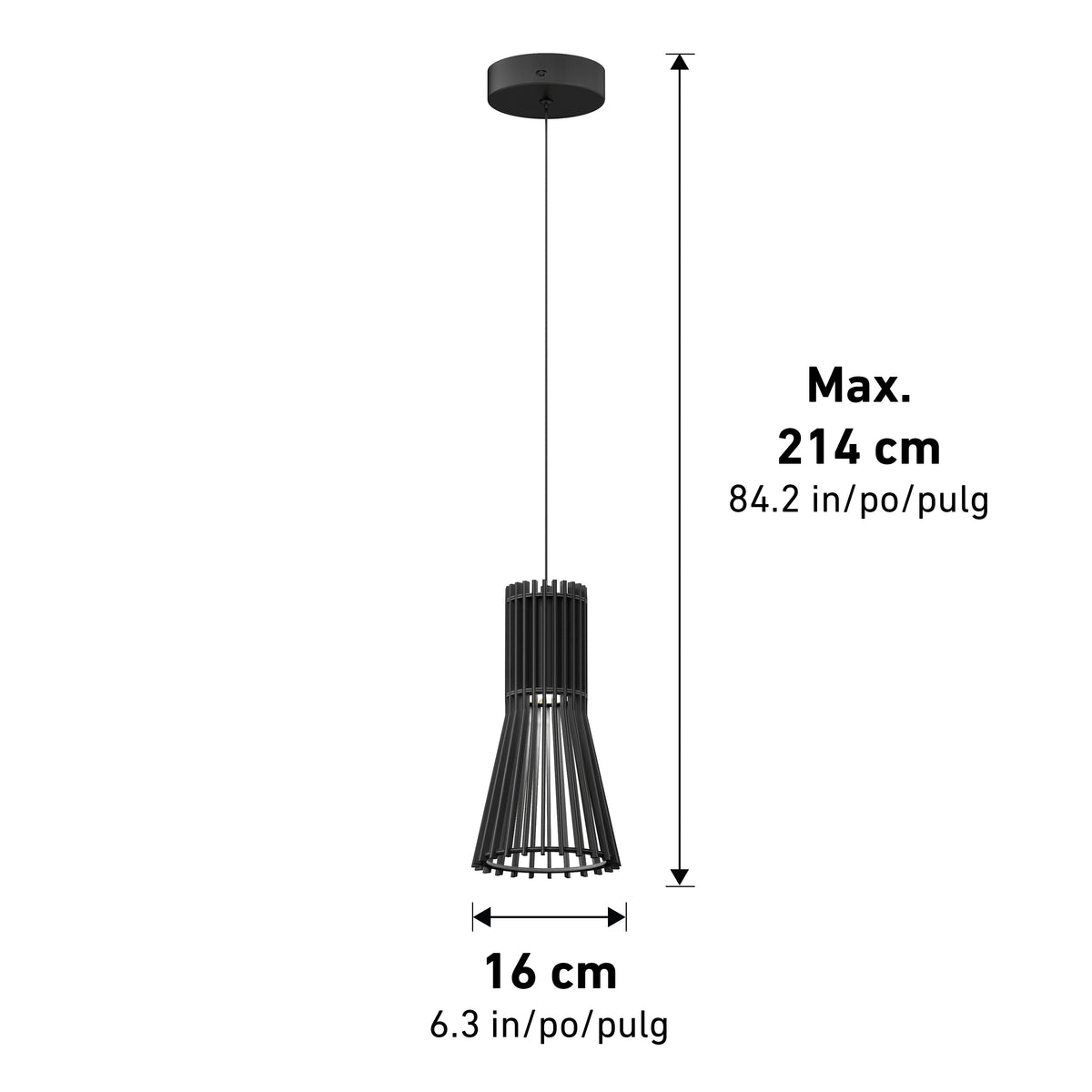 Black pendant light fixture with a slatted design, hanging from a round ceiling mount. The maximum length is 214 cm (84.2 in), and the width of the shade is 16 cm (6.3 in). Measurements are labeled on the image.