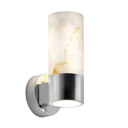 The Artika Marble LED Contemporary Sconce 5 CCT features a cylindrical alabaster shade with subtle brown veining and a polished chrome base, casting light downward from the fixture.
