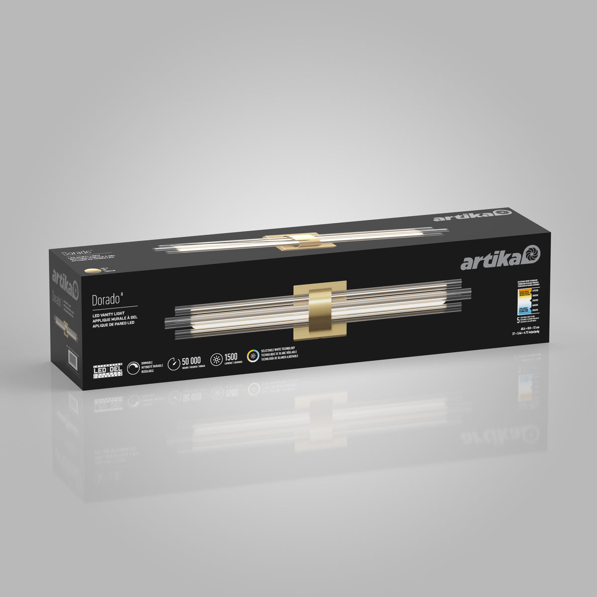 Rectangular black box for Artika Dorado 27 in. 1-Light LED Wall Vanity 5CCT, image and dimmable bathroom fixture features shown.