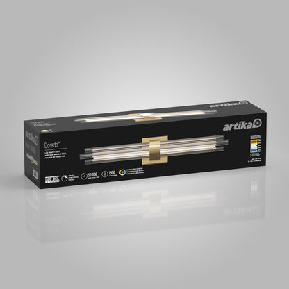Rectangular black box for Artika Dorado 27 in. 1-Light LED Wall Vanity 5CCT, image and dimmable bathroom fixture features shown.