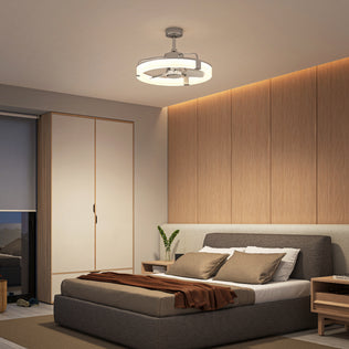 Modern bedroom with a gray bed, wood paneling, wardrobe, nightstand, and the Artika Sunnyvale 23 in. LED ceiling fan with remote.