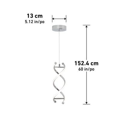 The Artika DNA LED pendant light features a twisted spiral design in chrome, integrated LEDs for efficient lighting, measures 13 cm (5.12 in) wide, and hangs 152.4 cm (60 in) from the ceiling mount.