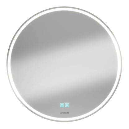 The Artika Emeraude anti fog LED wall mirror features a round design with a glowing LED border and touch controls for lighting and defogging at the lower center, set against a plain white background.