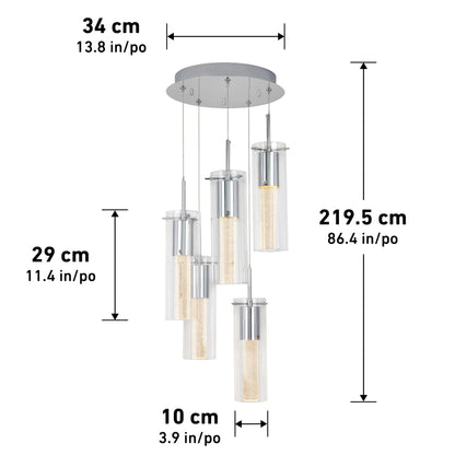 The Artika Essence 5-light LED pendant features five cylindrical glass shades hanging at various heights from a round chrome mount. Dimensions: 34 cm wide, 219.5 cm tall; each shade is 29 cm high and 10 cm in diameter.
