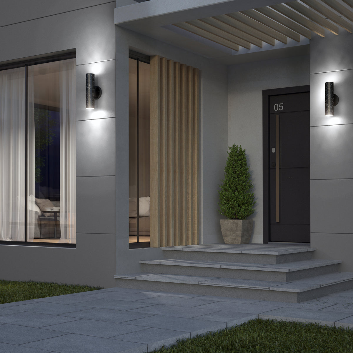 Modern house entrance with wide steps, potted bush by a dark door labeled “05,” decorative vertical wooden slats, Artika’s Cosmic indoor-outdoor LED wall light 3 CCT mounted on the wall, large window with sheer curtains, and grass lawn visible.