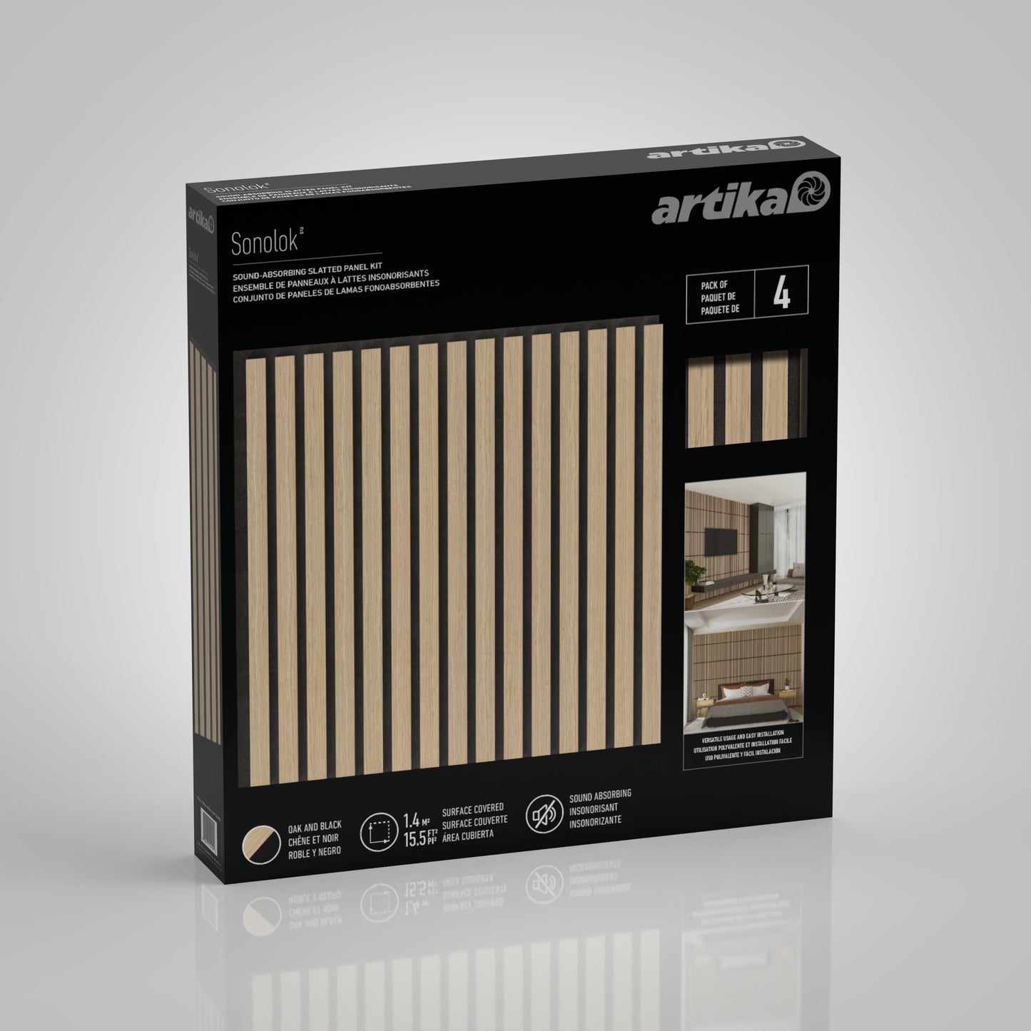 A box of Artika-CAN-dev Sonolok 15.5 ft sound-absorbing wall panel kit in black and wood finish; the package features four panels with room images showing them installed on walls.
