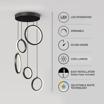 The Artika Elmo 5-light LED pendant features five circular rings hanging at varying heights, offers selectable white technology (5 CCT), is LED integrated, dimmable, 2200 lumens, with easy installation and a 50,000-hour lifespan.