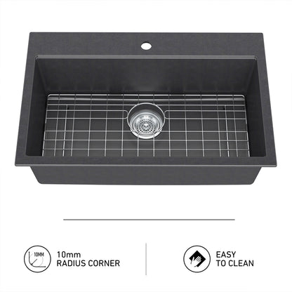 Artika Baycrest 31 in. Modern Sink: black single bowl, 10mm radius, metal grid, Easy to Clean—ideal granite composite kitchen sink.
