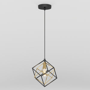 The Artika Imperium Single pendant light features a modern black and gold cube-shaped metal frame, an exposed bulb, and hangs from a black cord with a matching ceiling mount.