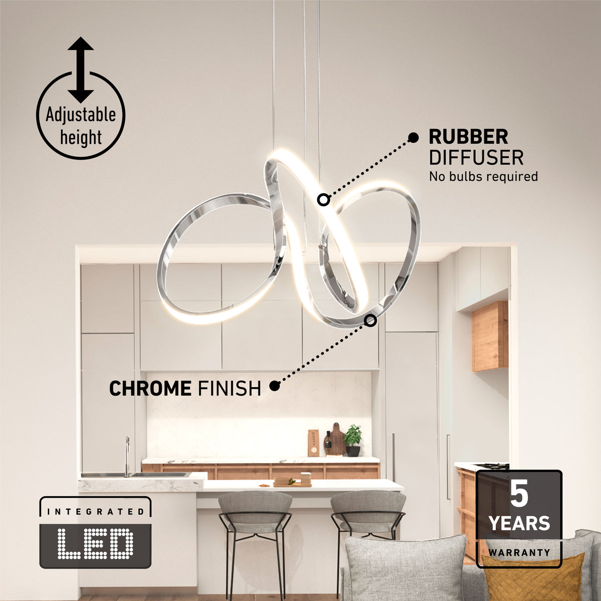 Modern kitchen with the Artika Swirl LED pendant light—a chrome, loop-shaped fixture with adjustable height, rubber diffuser, and 5-year warranty; no bulbs needed. Two stools sit at the countertop.