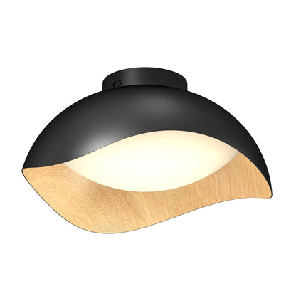 The Artika Adara 15 in. LED flush mount light features a wave-shaped design with a black outer shell, wooden accent on the edge, and a white diffuser in the center for soft illumination.