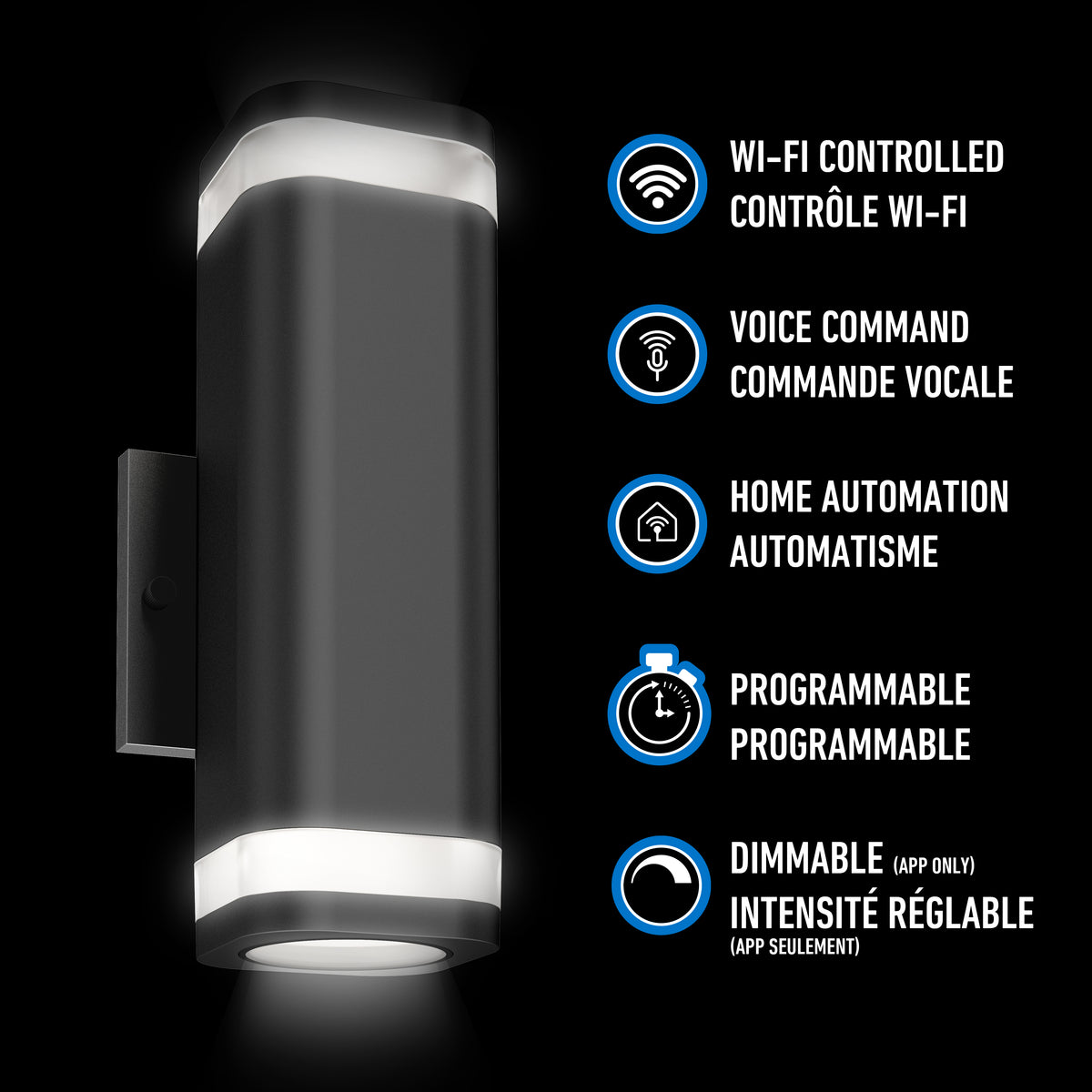 The Artika Stark modern LED indoor-outdoor light is pictured in black with glowing top and bottom edges. Icons highlight features: Wi-Fi control, voice commands, home automation, programmable settings, and app-only dimmable brightness.