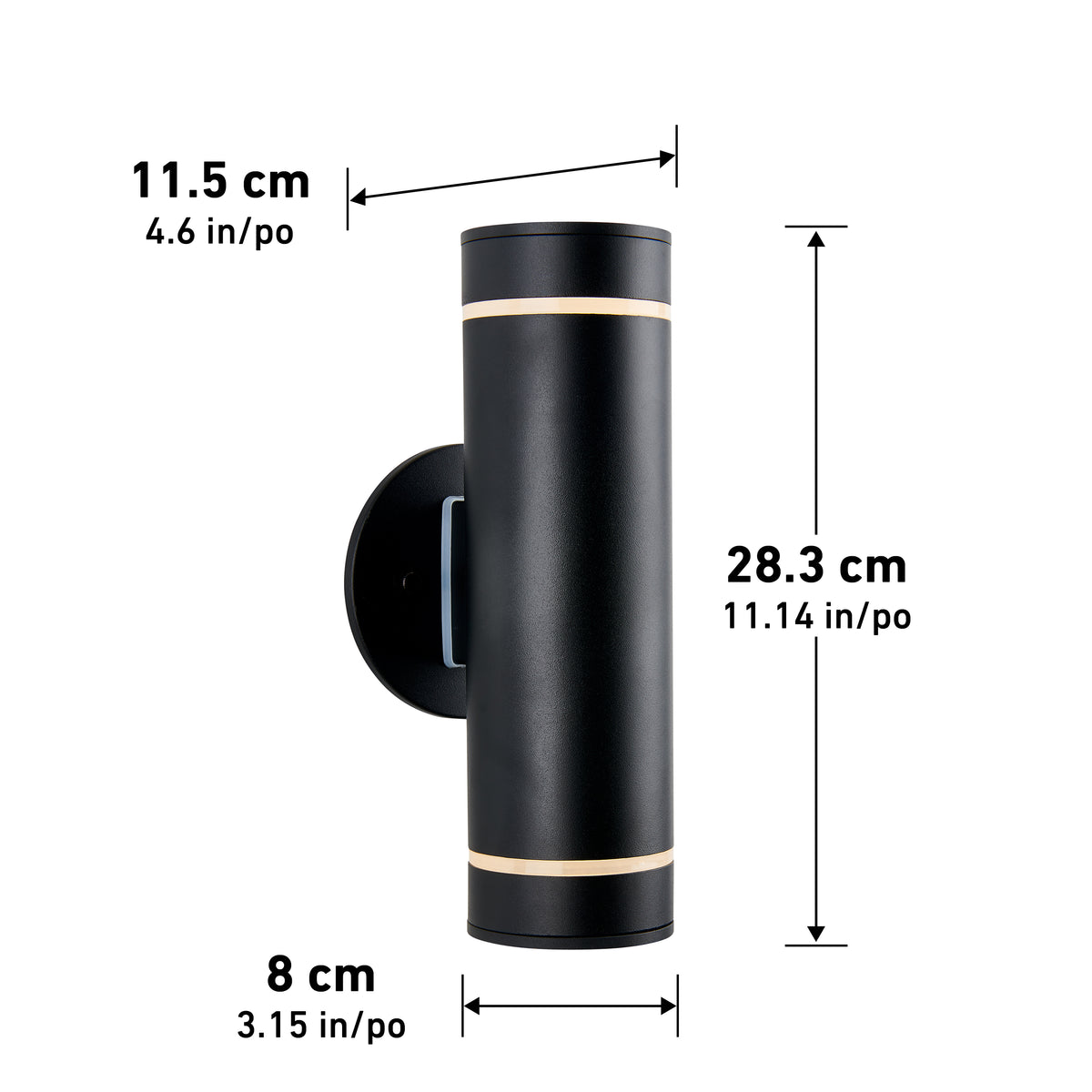 Black cylindrical wall light fixture with gold accents, shown mounted vertically on a circular base. Dimensions are labeled: 28.3 cm tall, 11.5 cm wide (base), and 8 cm deep. Measurements in centimeters and inches.