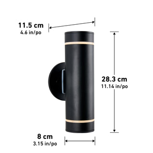 Artika C7 indoor-outdoor wall light in a black cylindrical design with gold accents, displayed vertically. Dimensions: height 28.3 cm (11.14 in), width 8 cm (3.15 in), base diameter 11.5 cm (4.6 in). White background.