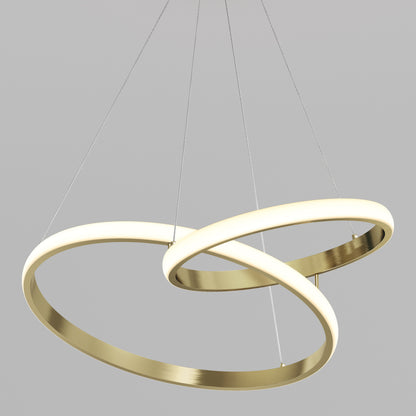 Two overlapping Mora 28″ LED Pendants by Artika, gold with white edges, hang by thin wires against a plain gray background.