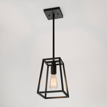 The Artika Carter 1-light pendant is a modern black metal fixture with a geometric open frame, an exposed Edison-style bulb, and hangs from a black rod and ceiling plate against a white background.