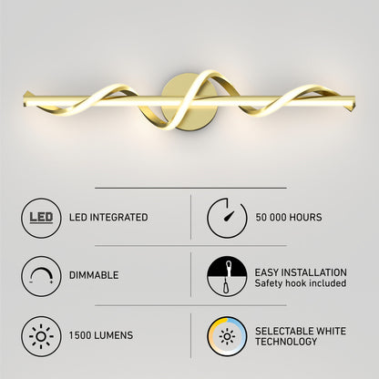 Artikas Coda modern LED bathroom vanity light features a gold wavy design, 1500 lumens, integrated LEDs (50,000 hrs), selectable white (5 CCT), dimmable function, and easy installation with safety hook.