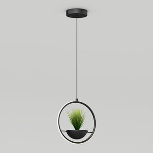 The Artika Colin LED modern planter pendant light 5 CCT features a circular black frame with a small green plant in a central round planter, suspended against a plain light gray background.