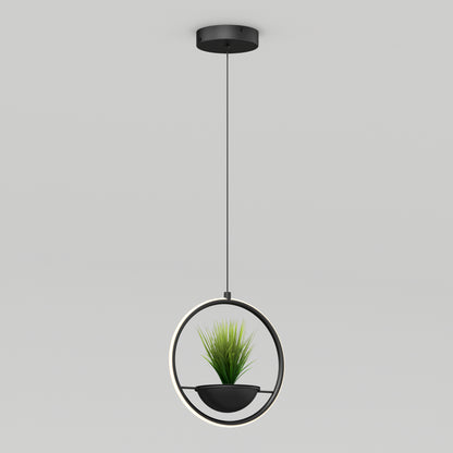 The Artika Colin LED modern planter pendant light 5 CCT features a circular black frame with a small green plant in a central round planter, suspended against a plain light gray background.