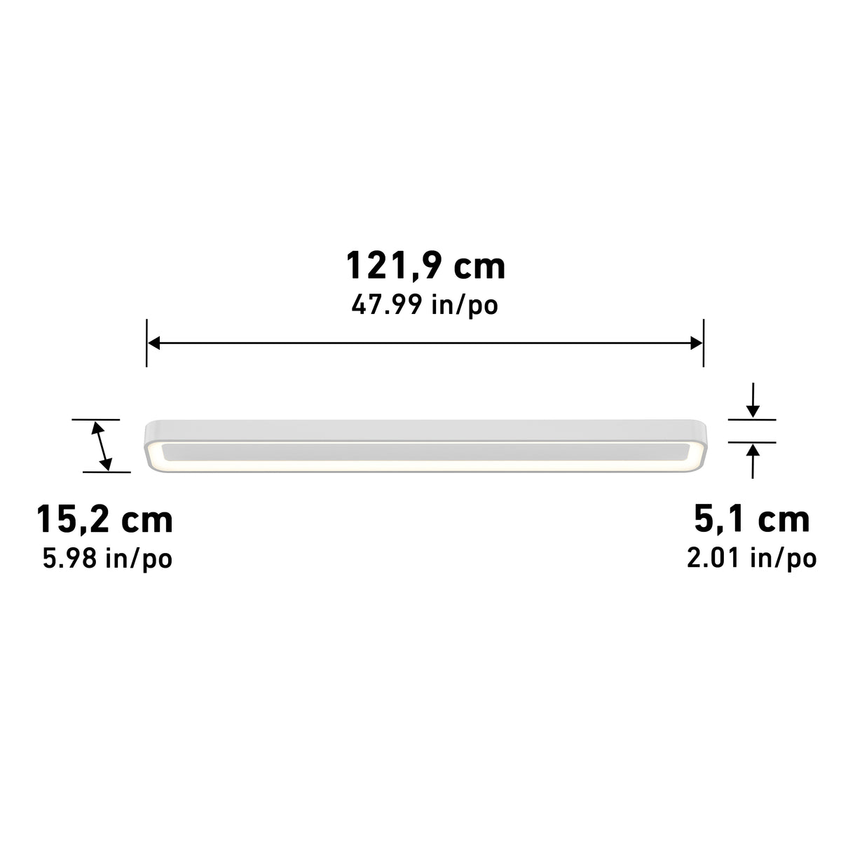A white rectangular light fixture with measurements: 121.9 cm (47.99 in) long, 15.2 cm (5.98 in) deep, and 5.1 cm (2.01 in) tall. Measurements are labeled above and beside the fixture.