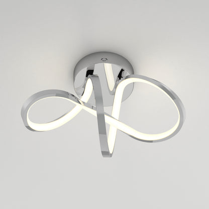 The Artika Loop modern LED flush mount light features three curved LED strips in a symmetrical looped design with a polished chrome base, mounted on a plain white ceiling.